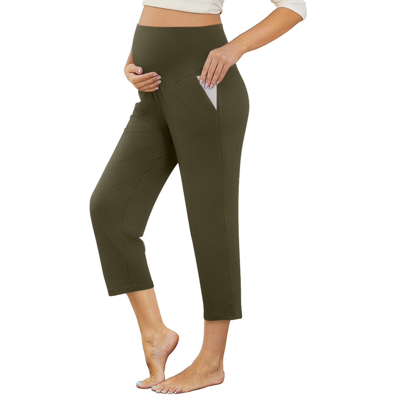 thumbnail image 4 of Pantalones de yoga premamá con cintura elástica - Color liso, bolsillos funcionales, lavables a mano/a máquina, ideales para el día a día/correr, tallas S-XXL, 4 of 8